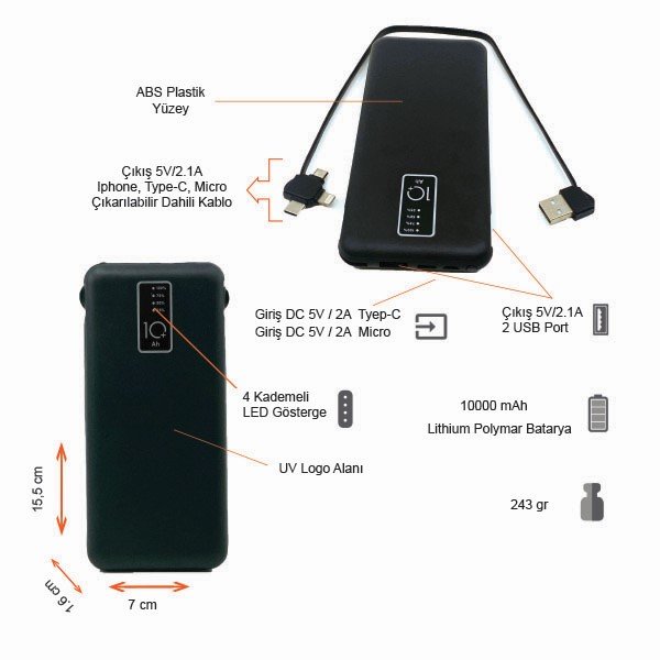 10000 mAh Dahili Kablolu Powerbank Şarj Cihazı Promozone