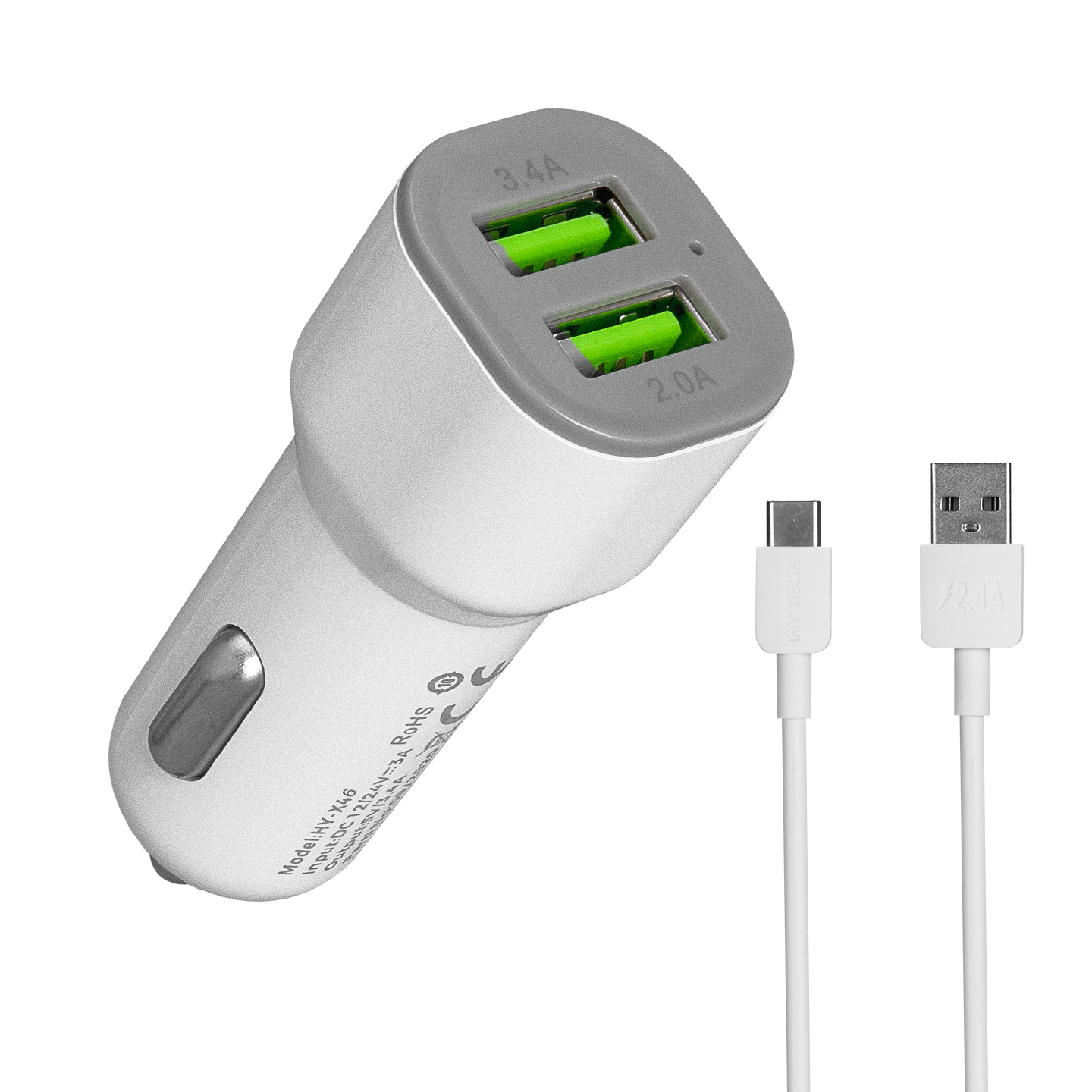 Hytech HY-X46 Type-C Kablolu 3.4A Hızlı Şarj 2 USB Beyaz Araç Şarj Cihazı