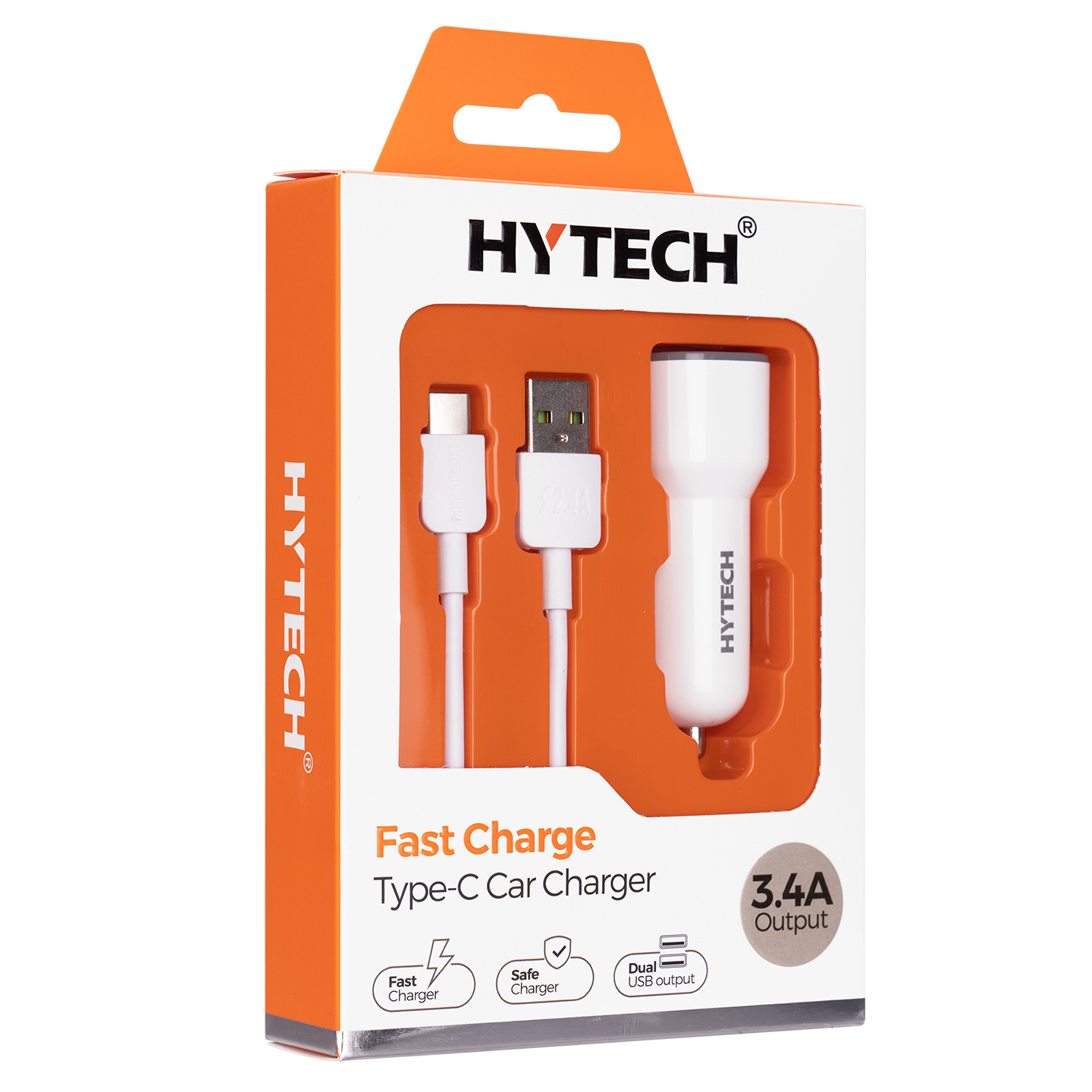 Hytech HY-X46 Type-C Kablolu 3.4A Hızlı Şarj 2 USB Beyaz Araç Şarj Cihazı