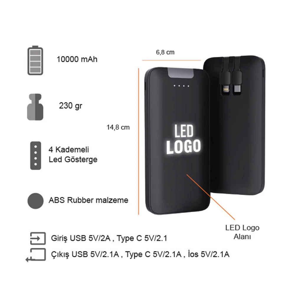 10.000 mAh Dahili Kablolu LED Logolu Powerbank Promozone