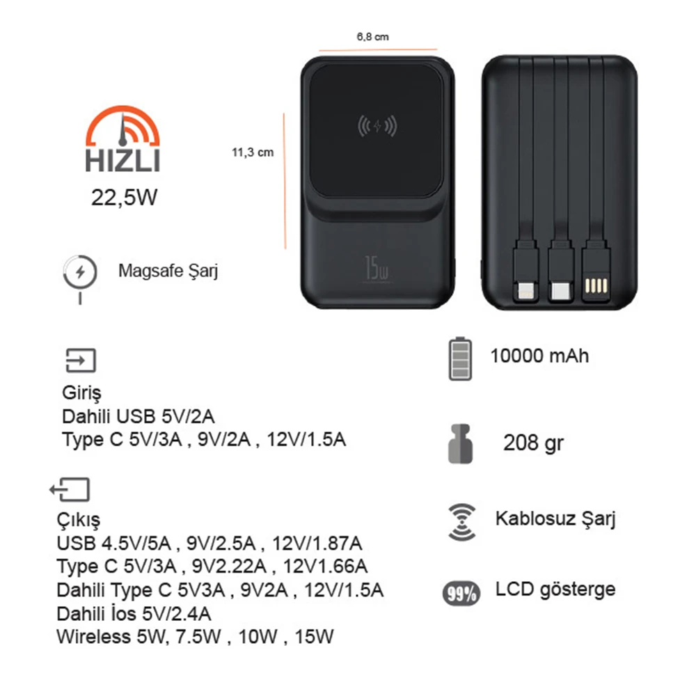 10.000 mAh 22.5W Hızlı Şarj ve 15W Kablosuz MagSafe Powerbank Promozone