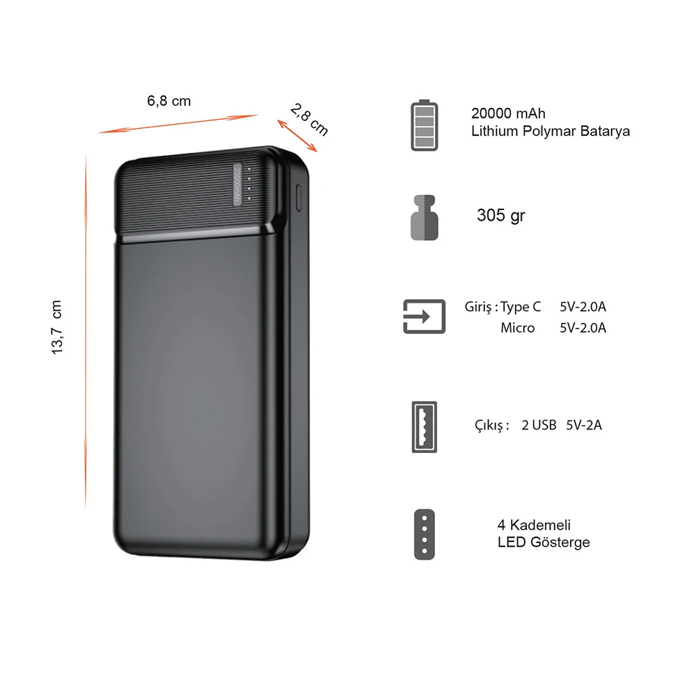 20.000 mAh Çift USB Girişli LED Göstergeli Powerbank Promozone