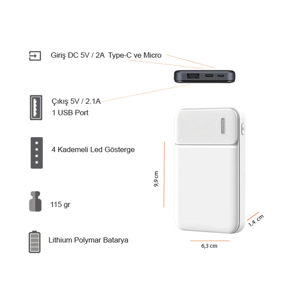 5000 mAh Led Güç Göstergeli Powerbank Promozone