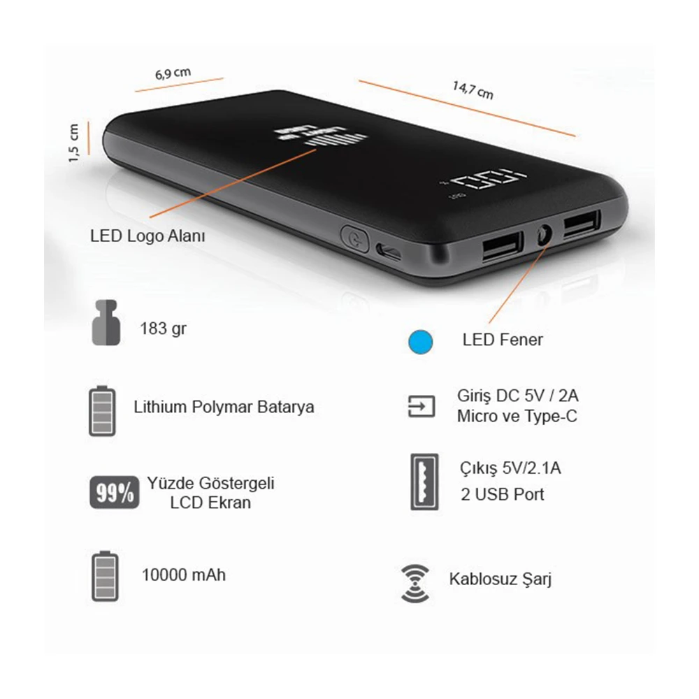 10000 mAh Wireless Dijital Güç Göstergeli Işıklı Logolu Kablosuz Powerbank Promozone