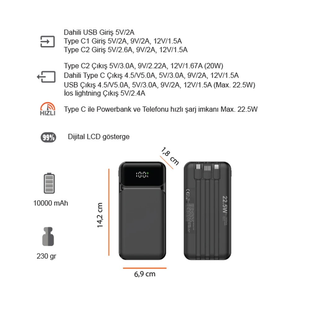 10.000 mAh Dahili Kablolu 22.5W Hızlı Şarj Destekli Powerbank Promozone