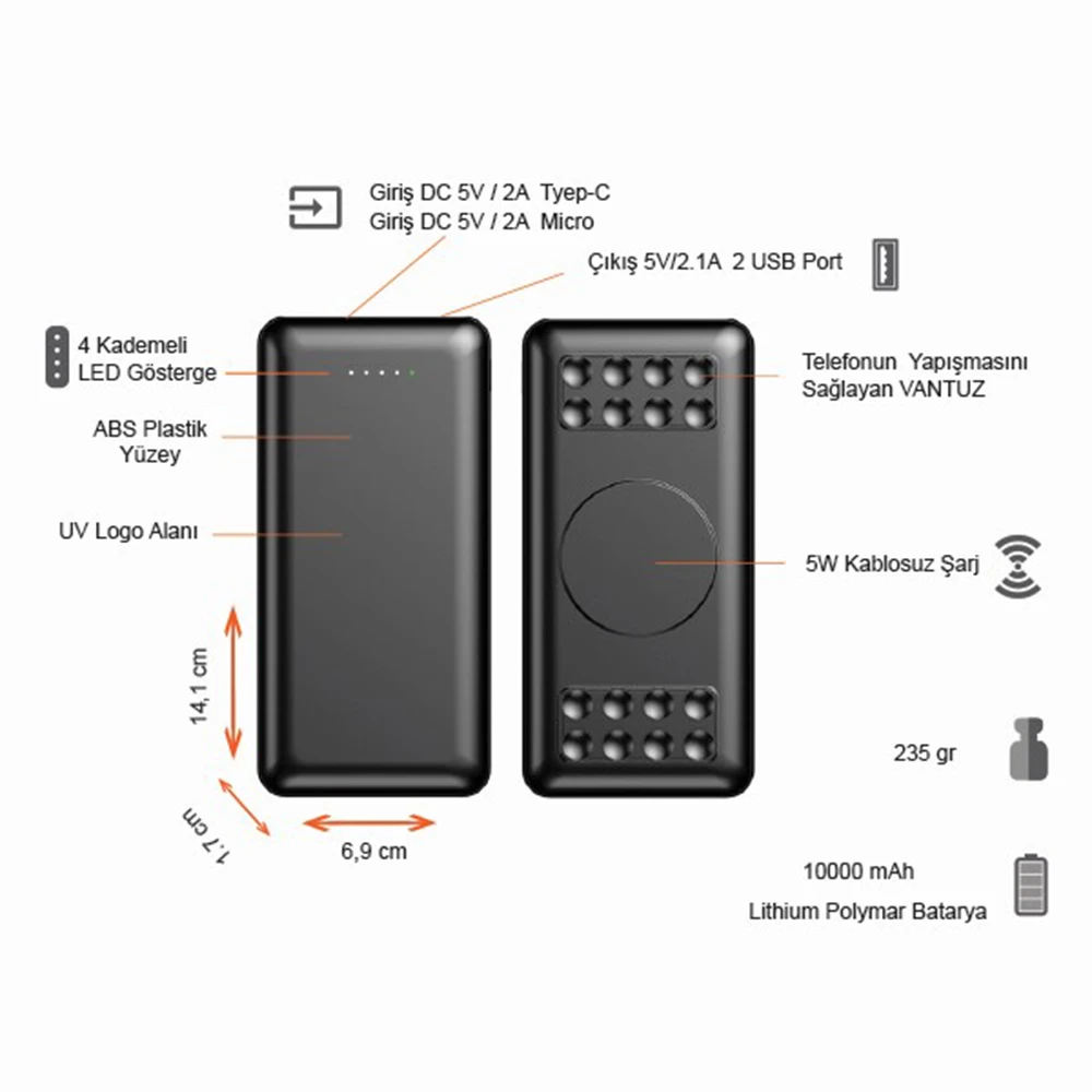 10000 mAh Kablosuz Şarj Özellikli Vantuzlu Powerbank Promozone