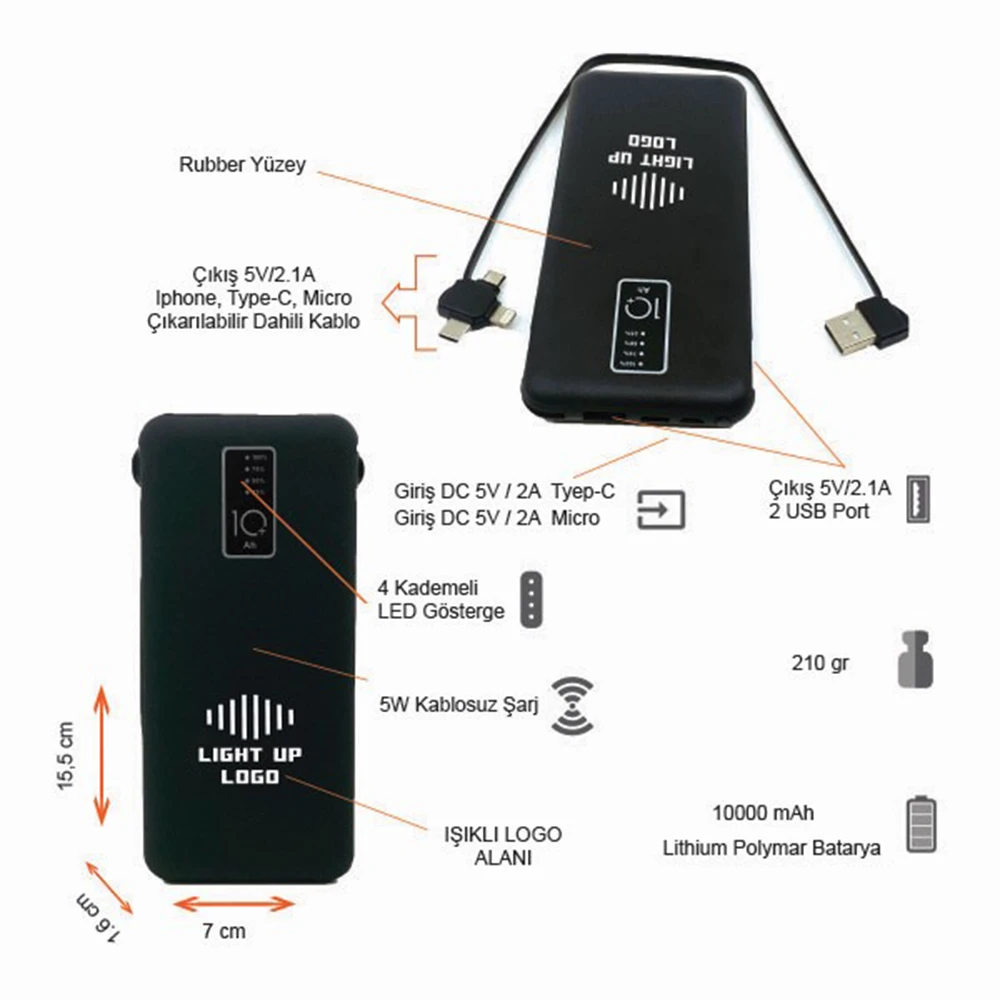 10000 mAh Dahili Kablolu Wireless Işıklı Logolu  Powerbank Şarj Cihazı Promozone