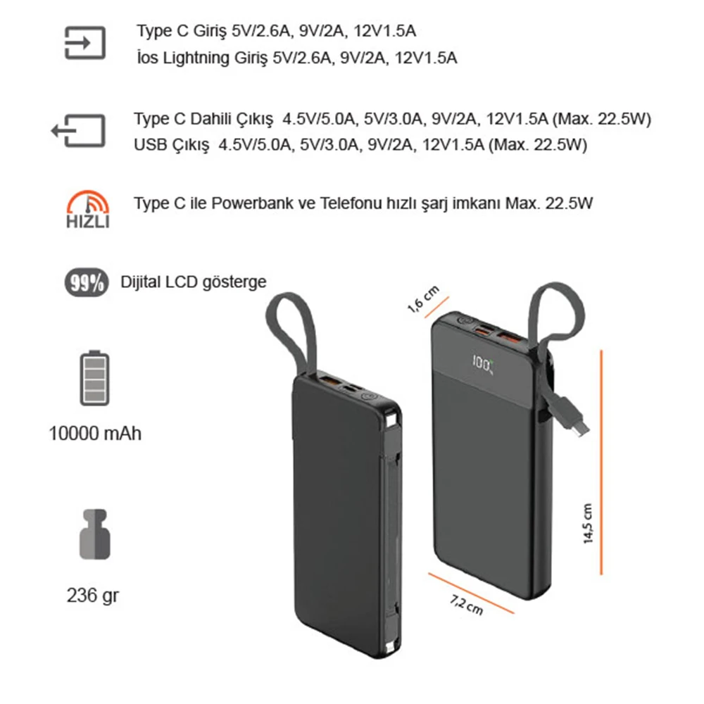 10000 mAh Dahili Kablolu 22,5W Hızlı Şarj Özellikli Powerbank Promozone