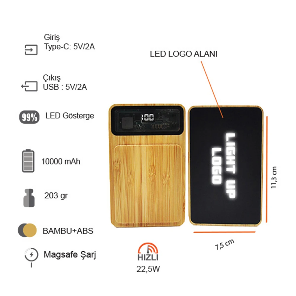 10000 mAh Magsafe Işıklı 22.5W Hızlı Sarjlı 15W Hızlı Wireless Bambu Powerbank Promozone