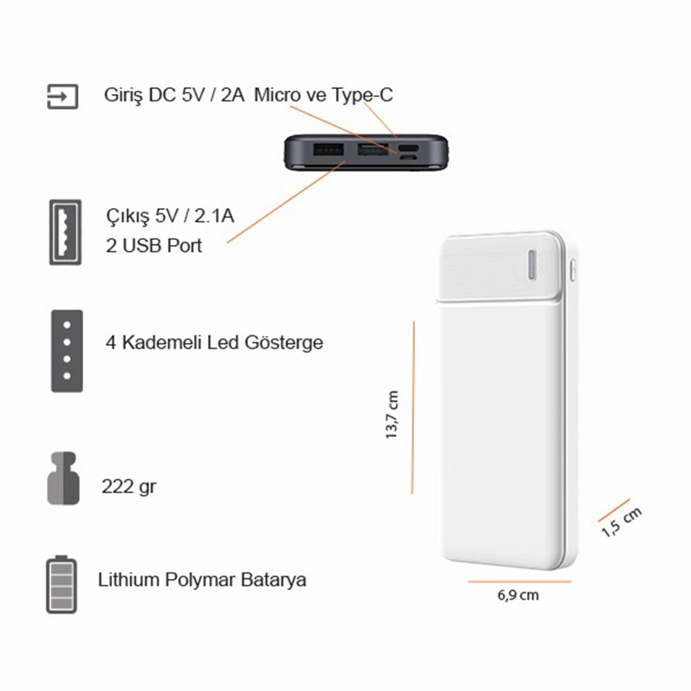 10000 mAh Led Güç Göstergeli Powerbank Promozone