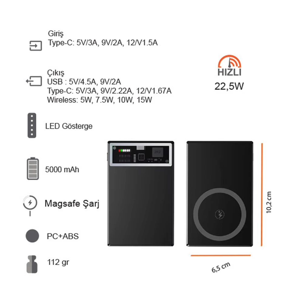 5000 mAh Wireless Mıknatıslı Magsafe Özellikli Powerbank Promozone