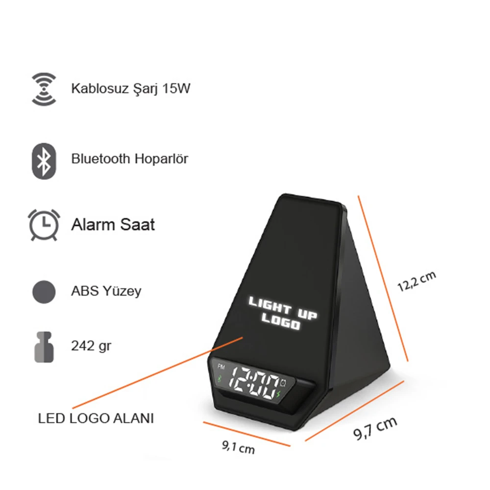 15W Işıklı Kablosuz Şarj Cihazı - Bluetooth Hoparlör (Akıllı Saat ve Alarm Özellikli) Promozone