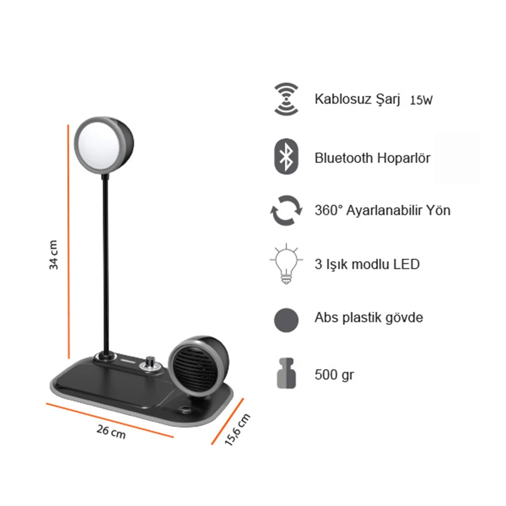 Kablosuz Şarj Özellikli Masaüstü Led Lamba + Bluetooth Hoparlör Promozone