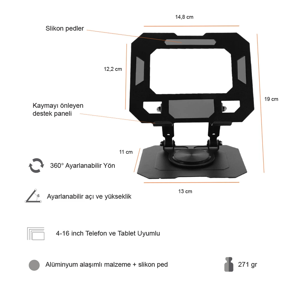 360° Ayarlanabilir Alüminyum Telefon & Tablet Standı (4–16 inç) Promozone