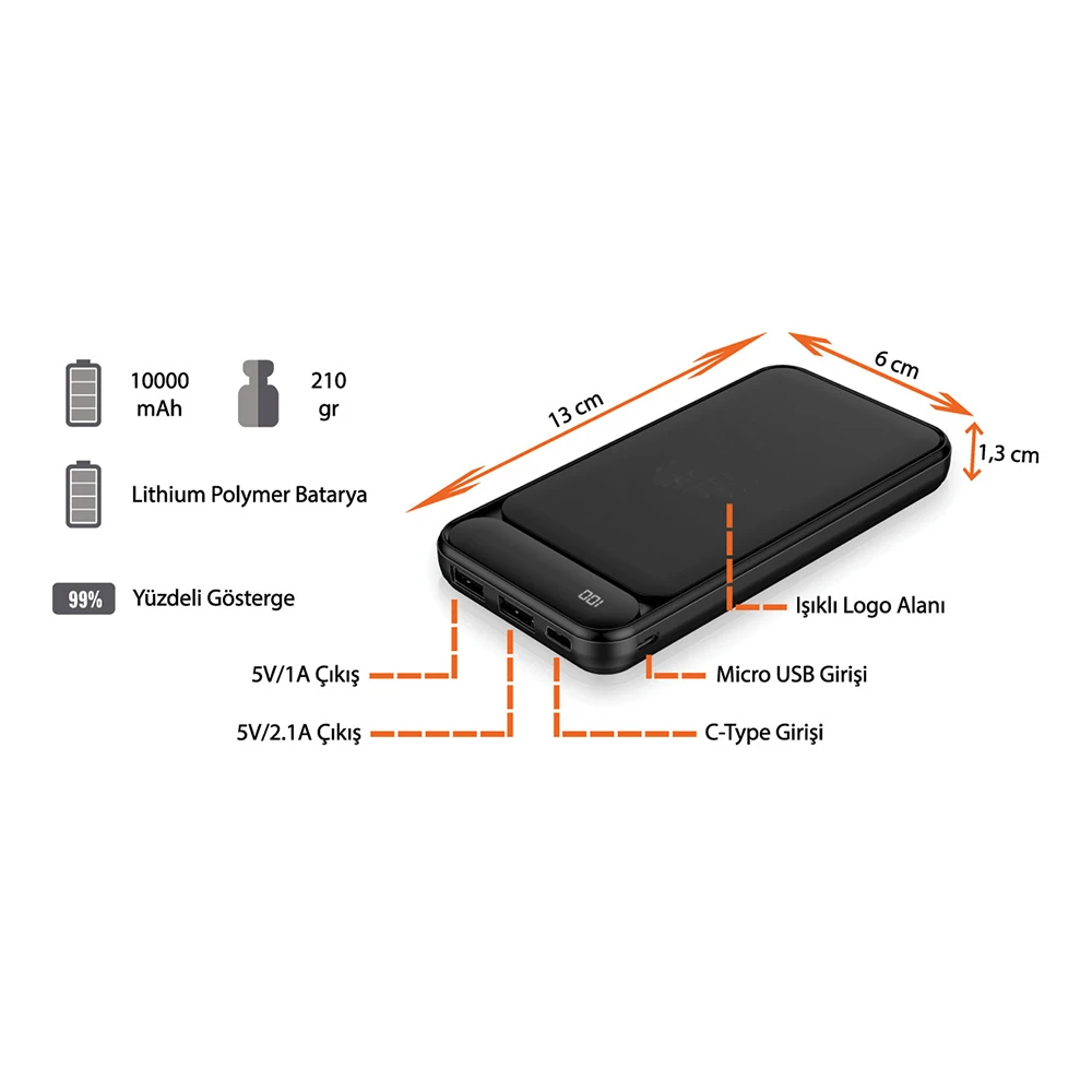 10.000 mAh Işıklı Logolu Powerbank (LED Logo + Yüzde Gösterge + Çift USB Çıkışlı Promozone