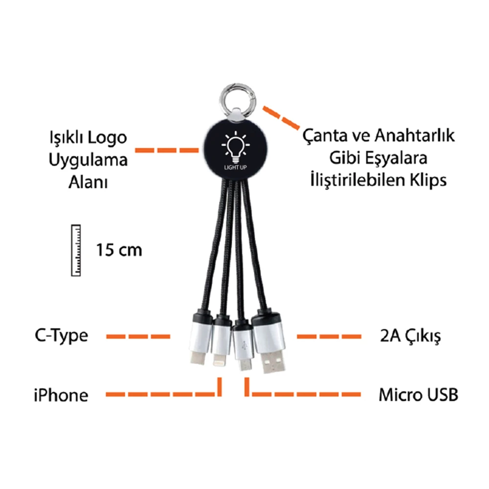 EVA Çantalı Işıklı Logolu Anahtarlık Tipi 3’ü 1 Arada Promosyon Şarj Kablosu (USB-C, Lightning, Micro USB) Promozone