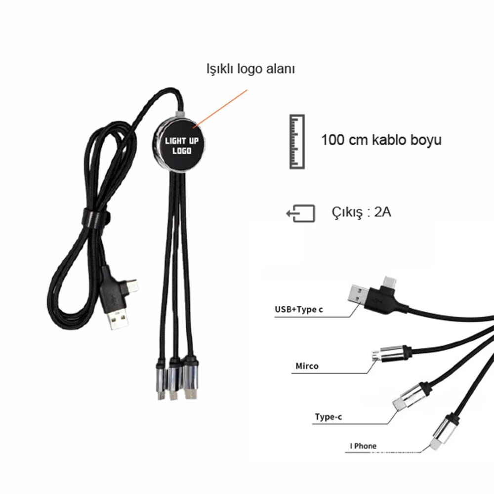 EVA Çantalı Renkli Işıklı Logolu 120 cm 3’ü 1 Arada Şarj Kablosu (USB-C, Lightning, Micro USB) Promozone
