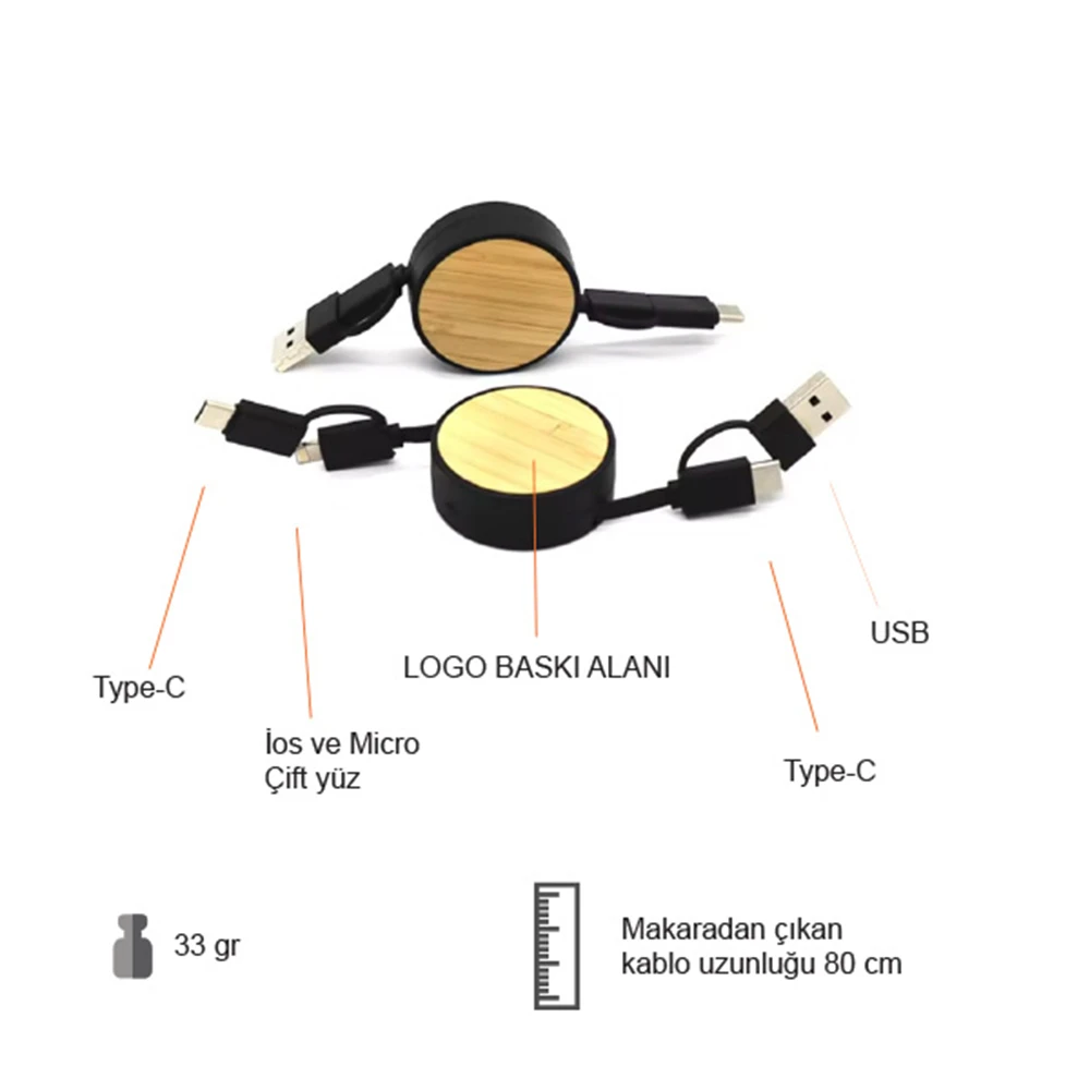 EVA Çantalı Bambu Logolu 80 cm Makaralı 3’ü 1 Arada Şarj Kablosu (USB-C, Lightning, Micro USB) Promozone