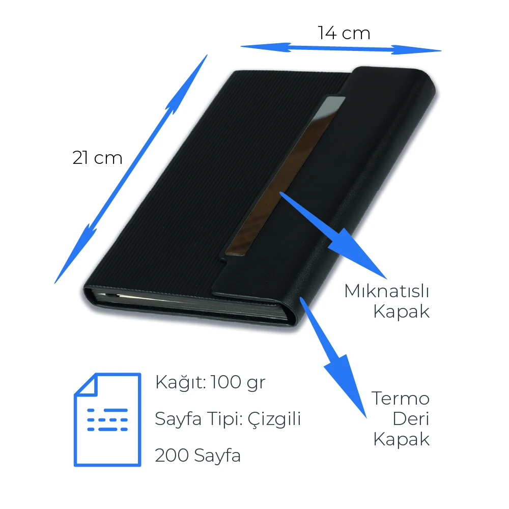 14 x 21 cm Termo Deri Kapaklı Mıknatıslı Kapaklı Defter 200 Sayfa 100 gr Ivory Krem Çizgili İç Kağıt Promozone