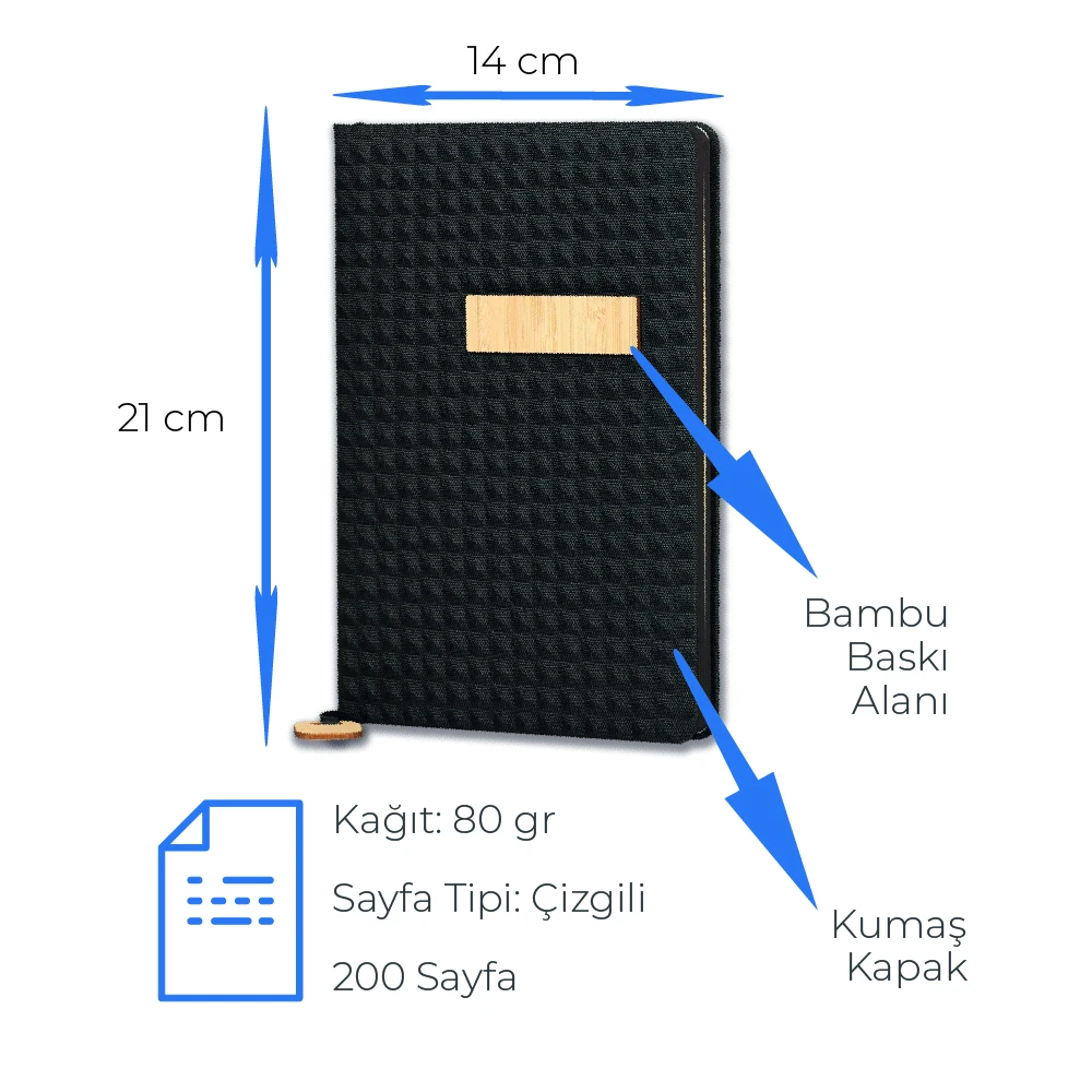 14 x 21 cm Kumaş + Bambu Detaylı Kapaklı Defter 200 Sayfa 80 gr Ivory Krem Çizgili İç Kağıt Bambu Ayraç Tokalı Promozone