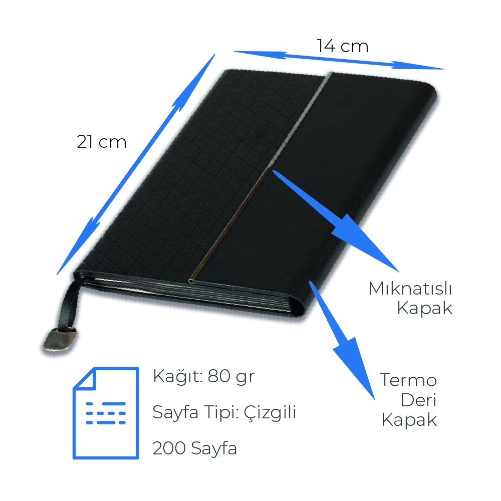 14 x 21 cm Termo Deri Mıknatıslı Yan Kapaklı Defter 200 Sayfa 70 gr Ivory Krem Çizgili İç Kağıt Promozone