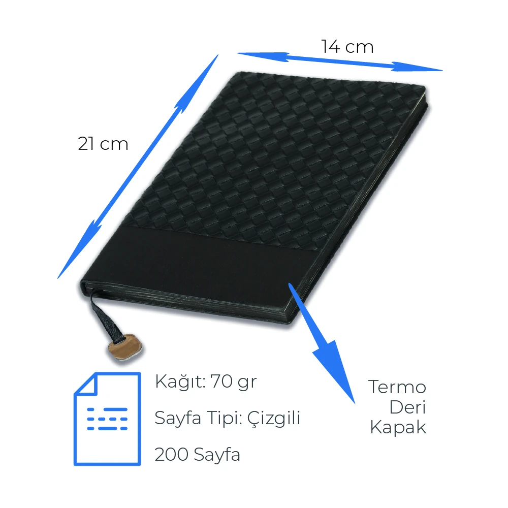 14 x 21 cm Baklava Desenli Yumuşak Termo Deri Kapaklı Defter 200 Sayfa 70 gr Ivory Krem Çizgili İç Kağıt Promozone