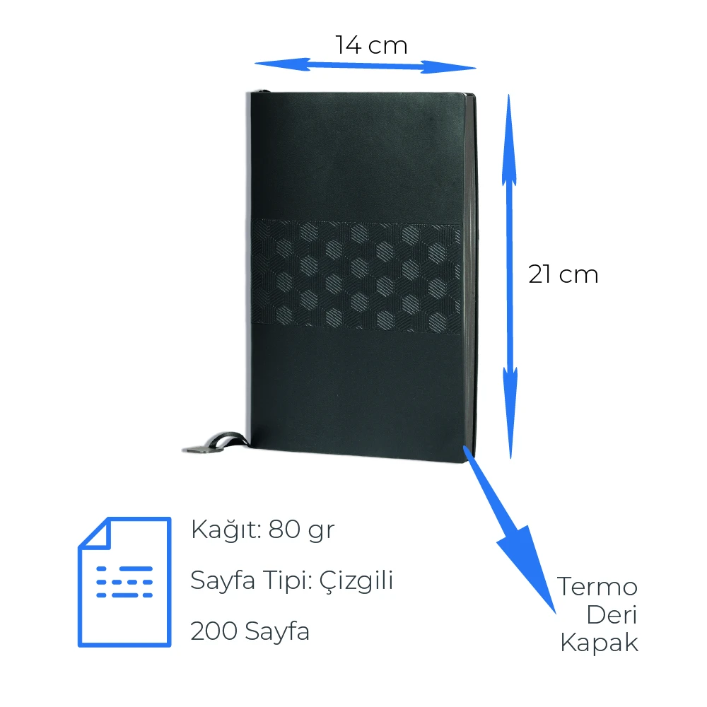 14 x 21 cm Yumuşak Termo Deri Kapaklı Defter 200 Sayfa 80 gr Ivory Krem Çizgili İç Kağıt Promozone