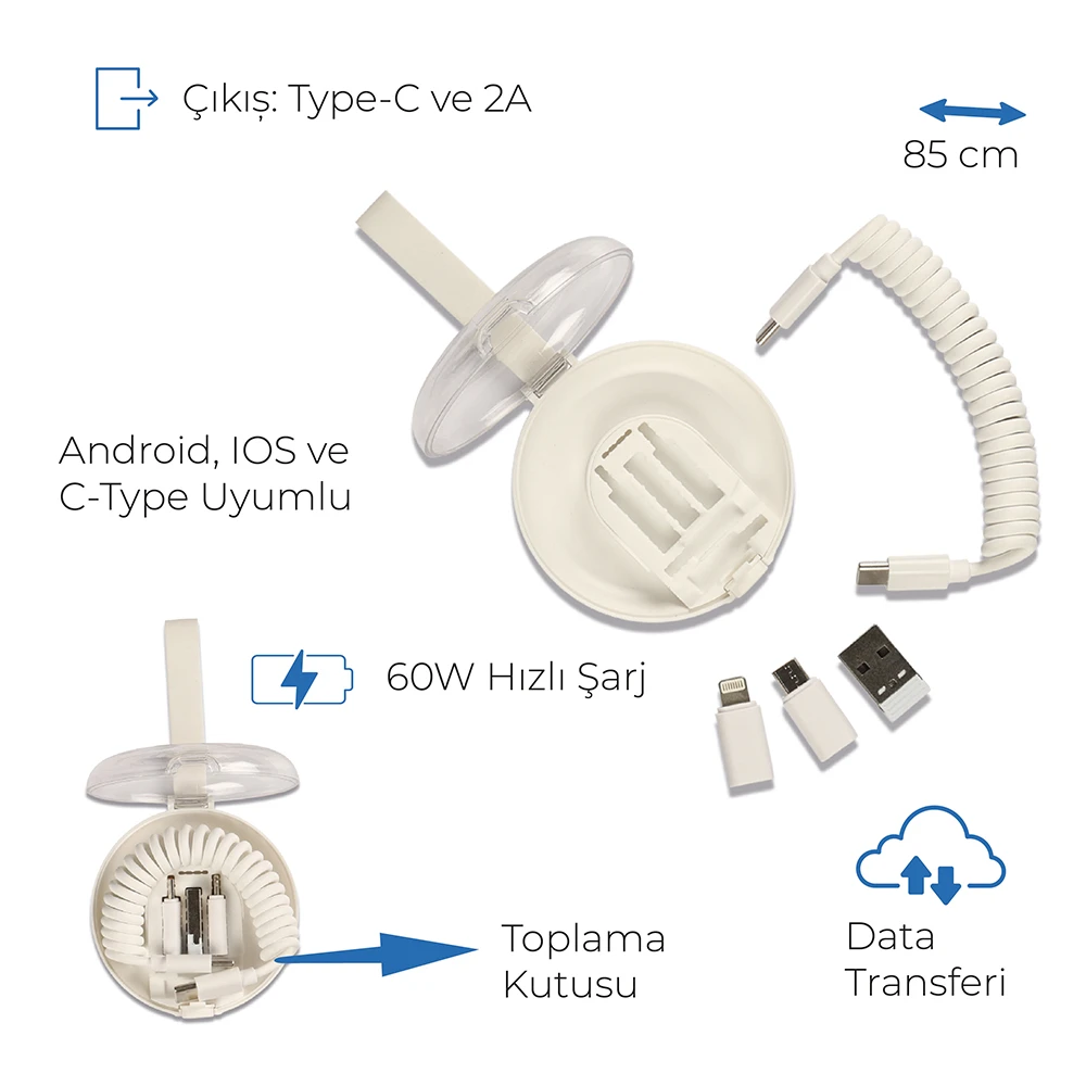 60W Hızlı Şarj ve Data Transfer Özellikli Spiral Kablo + Çoklu Uçlu Toplama Kutulu Promosyon Şarj Kablosu (85 cm) Promozone