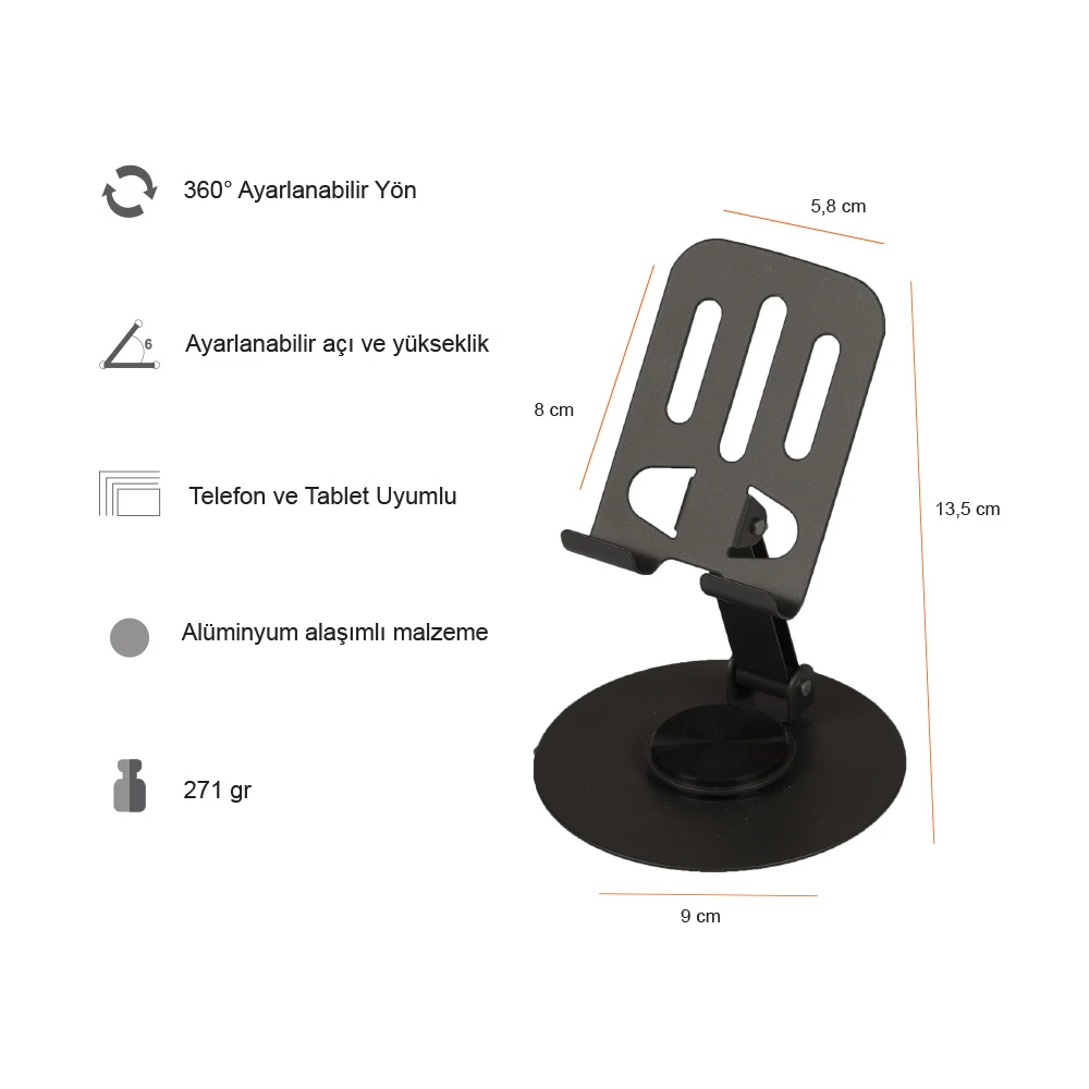 Alüminyum Masaüstü Telefon Standı (360° Döner, Ayarlanabilir Yükseklik) Promozone
