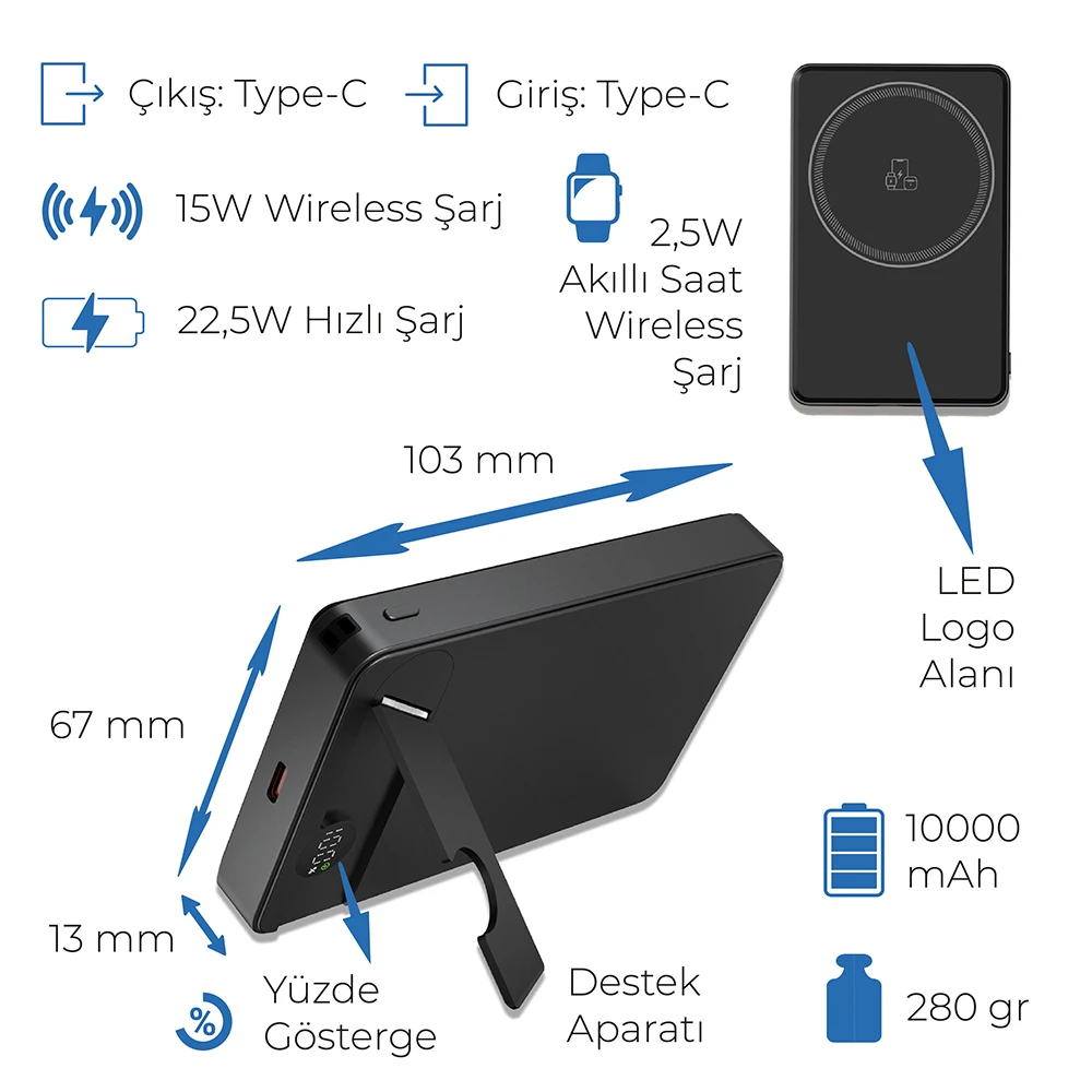 MagSafe Destekli 10000 mAh Powerbank – Işıklı Logo Baskılı, Akıllı Saat ve Telefon Şarjlı Promozone