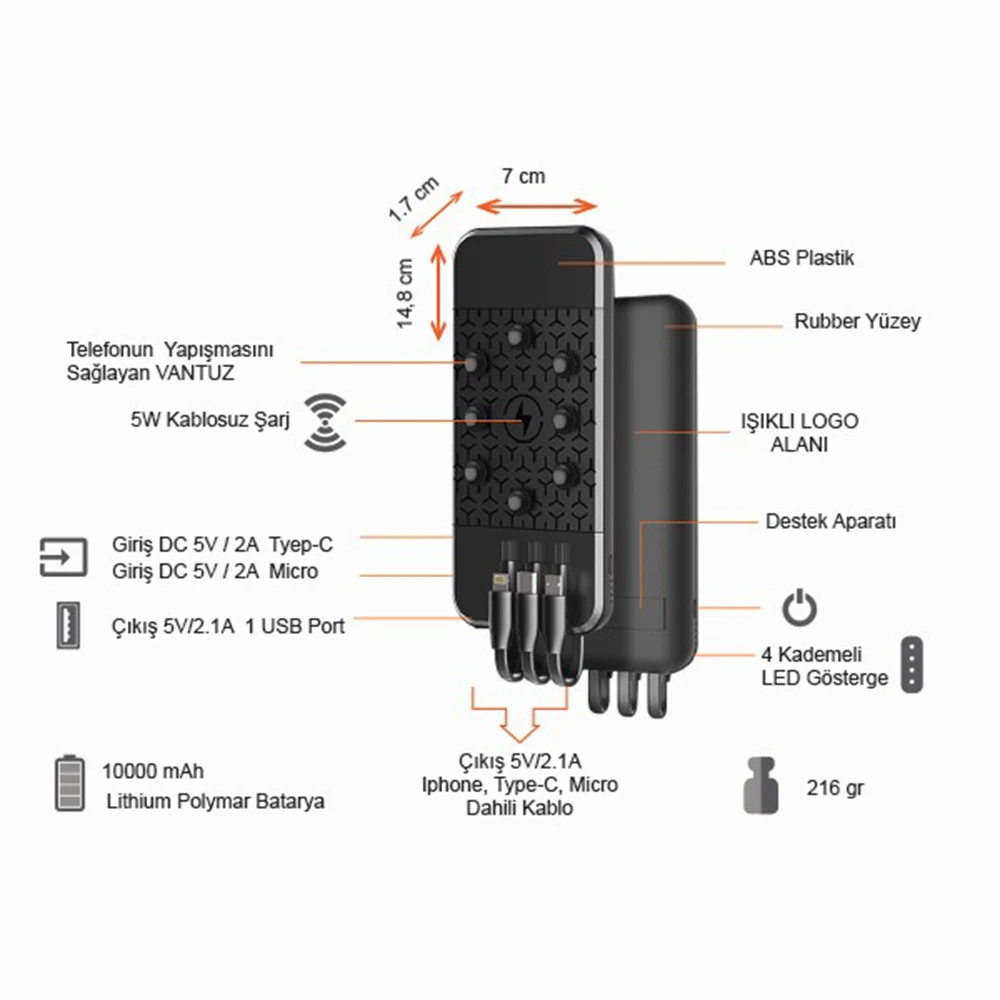 10000 mAh Dahili Kablolu Wireless Işıklı Logolu Powerbank  Şarj Cihazı Promozone