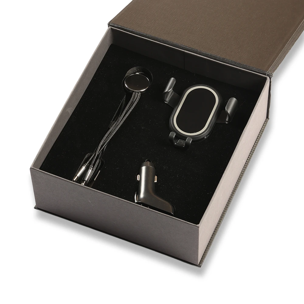 Araç İçi Kablosuz Şarj Cihazı, LED Işıklı Araç Şarj & Işıklı Uzun Şarj Kablosu Kutulu VIP Hediye Seti Promozone