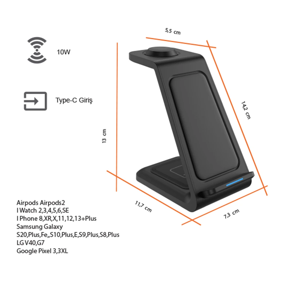 3’ü 1 Arada Kablosuz Şarj Cihazı (Telefon + Saat + Kulaklık) 15W Hızlı Şarj