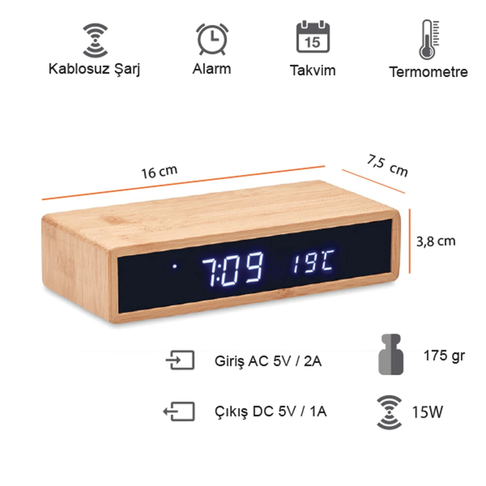 Bambu Gövde Kablosuz Şarj Cihazı Alarm-Saat-Takvim Özellikli Promozone