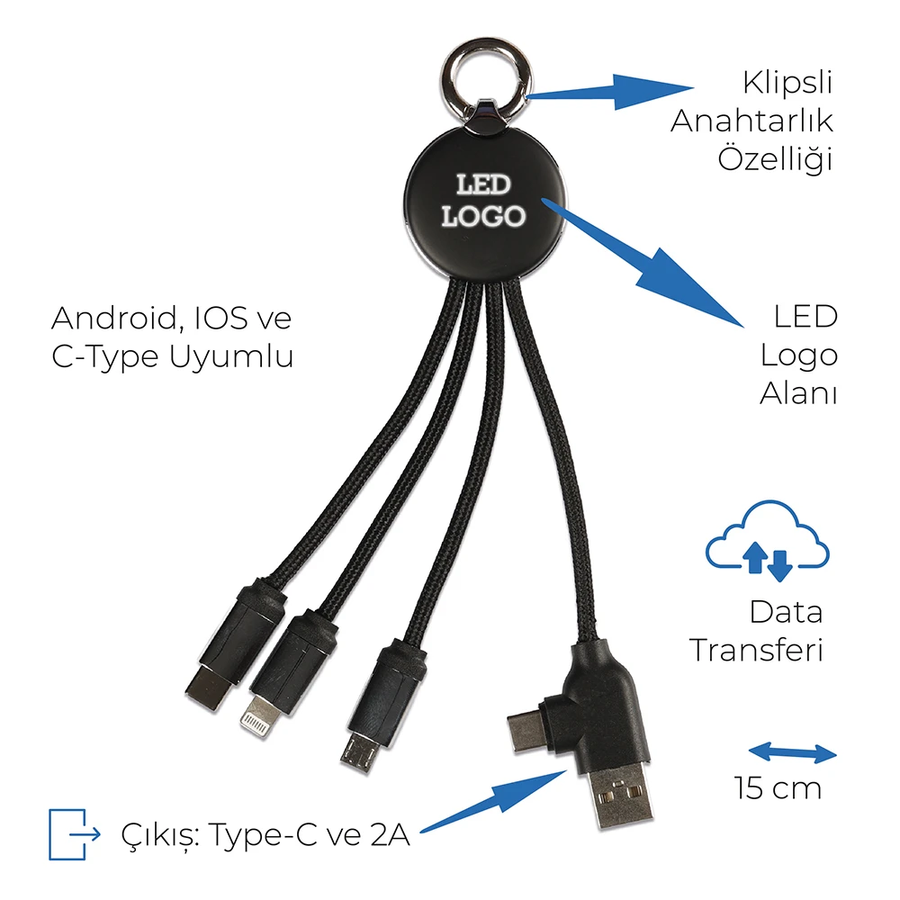 15 cm Klipsli Işıklı Logolu Anahtarlık Tipi 3’ü 1 Arada Şarj Kablosu (USB-C, Lightning, Micro USB) – Veri Aktarımlı