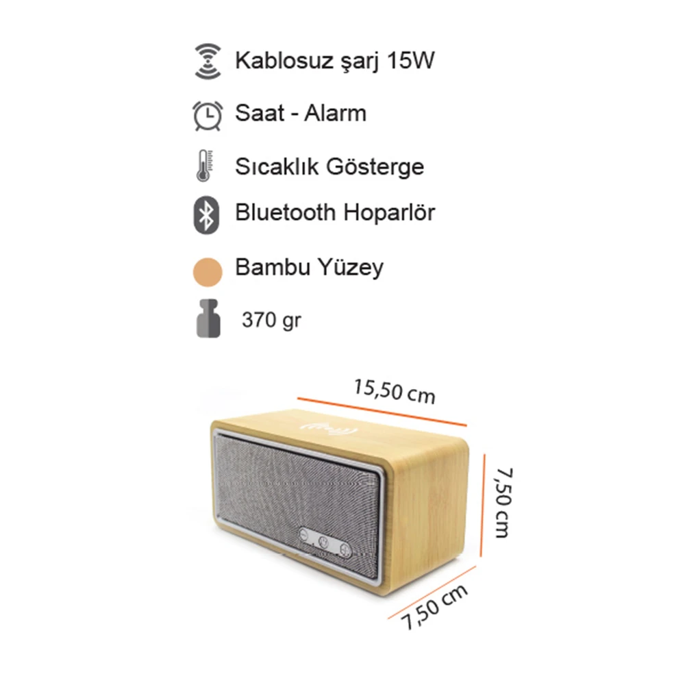 Bambu Yüzeyli Kablosuz Şarj Cihazı ve Bluetooth Hoparlör (15W Hızlı Şarj, Saat, Alarm ve Sıcaklık Göstergeli)