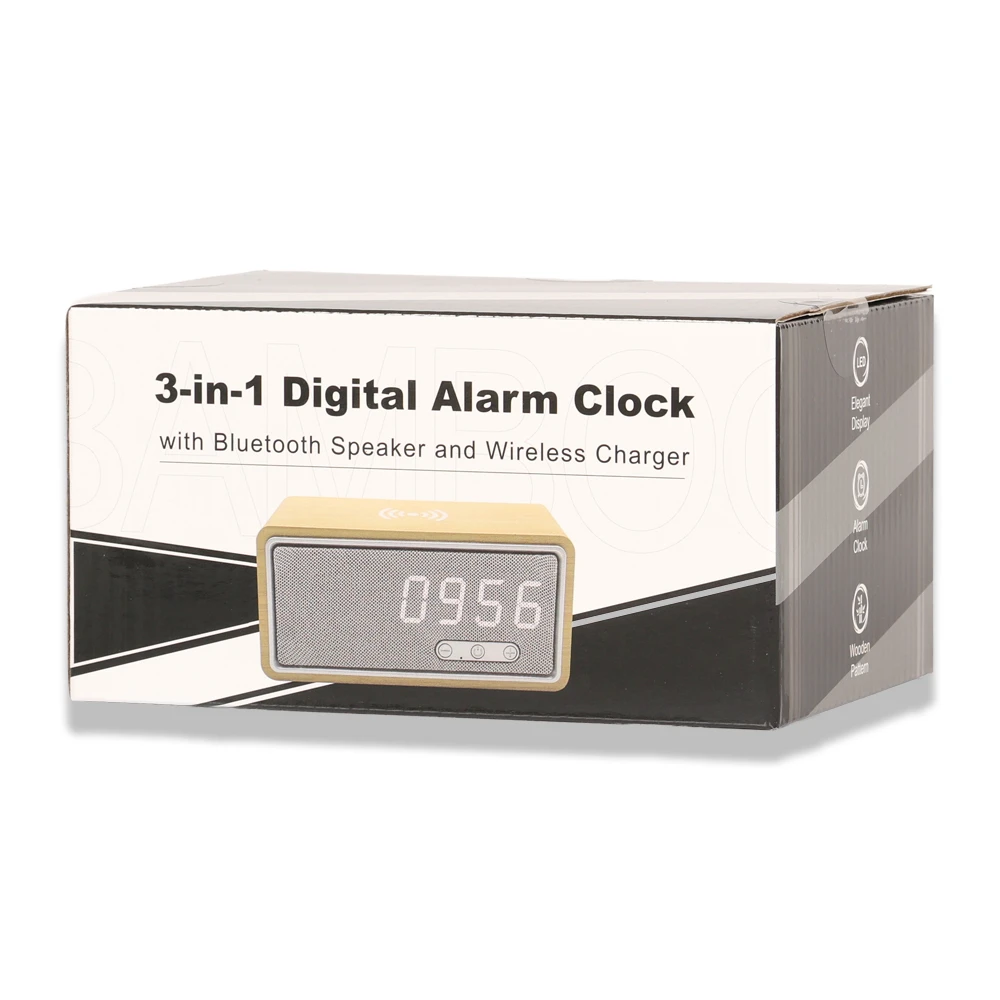 Bambu Yüzeyli Kablosuz Şarj Cihazı ve Bluetooth Hoparlör (15W Hızlı Şarj, Saat, Alarm ve Sıcaklık Göstergeli)