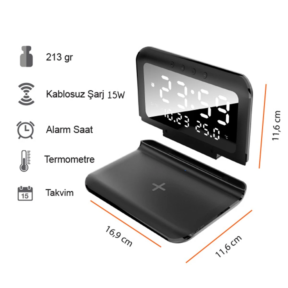 Masaüstü Kablosuz Şarj Ünitesi (15W, Saat, Alarm, Takvim ve Termometre Özellikli) Promozone