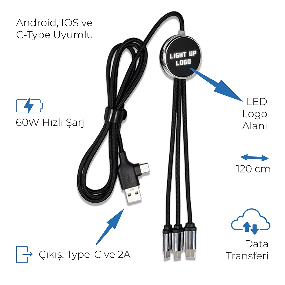 Işıklı Logo 60W Hızlı Type-C Uçlu Şarj Kablosu (Data Transferli)
