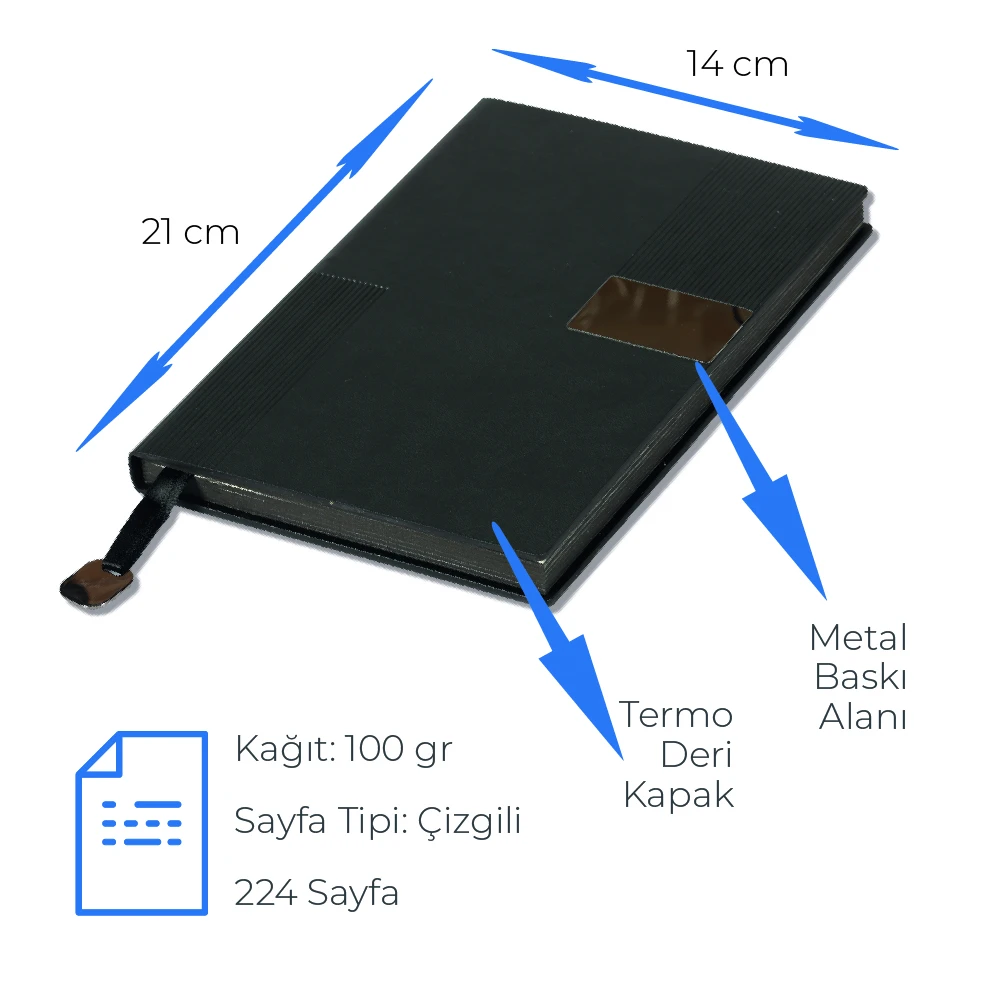 14 x 21 cm Termo Deri Sert Kapaklı Tarihsiz Defter, 224 Sayfa, 80gr Ivory İç Kağıt, Kenarları Boyalı, Metal Tokalı, Metal Baskı Alanı