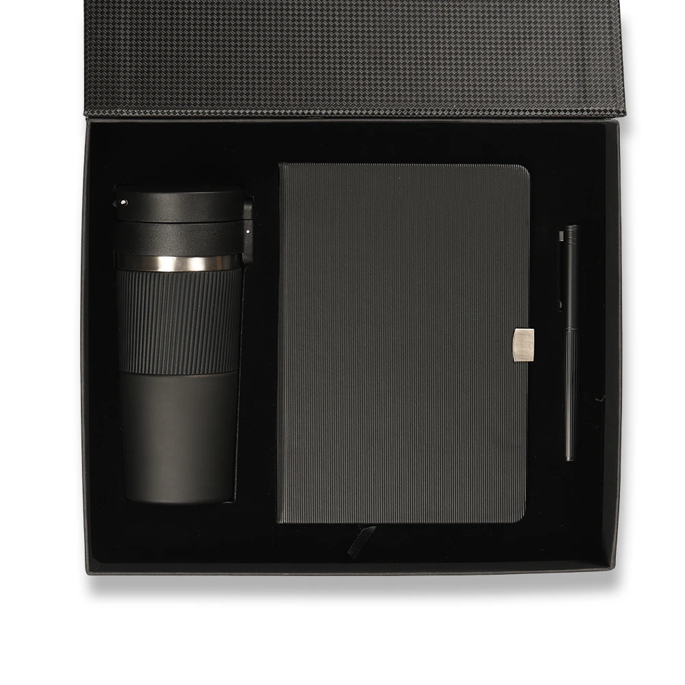 Kapaklı Metal Kalem, Termo Deri Defter & 400 ml Termos Bardak Kutulu VIP Hediye Seti Promozone