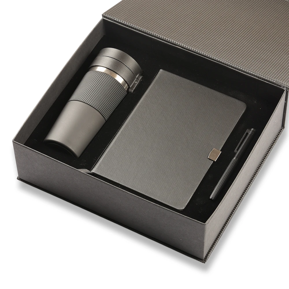 Kapaklı Metal Kalem, Termo Deri Defter & 400 ml Termos Bardak Kutulu VIP Hediye Seti Promozone