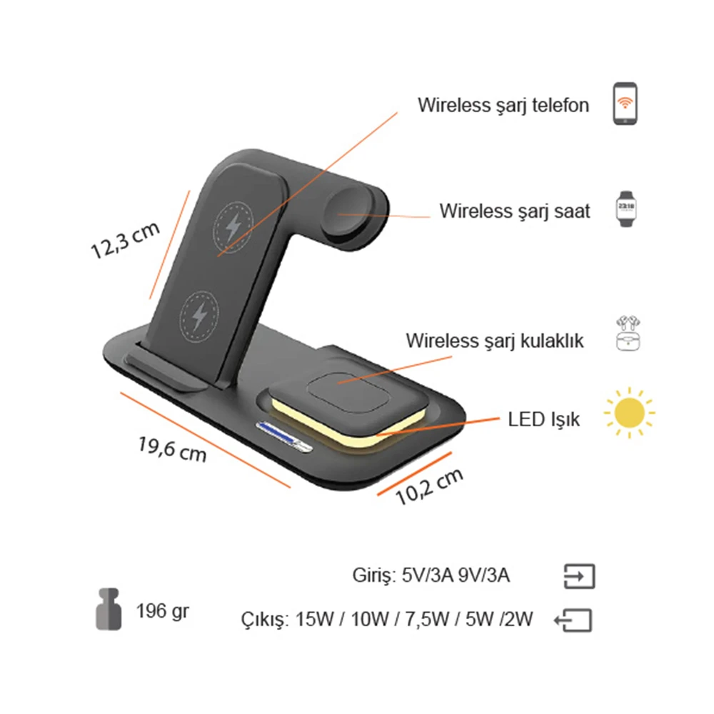 3’ü 1 Arada Kablosuz Şarj Standı Cihazı (Telefon + Saat + Kulaklık) 15W Hızlı Şarj LED Işıklı Promozone