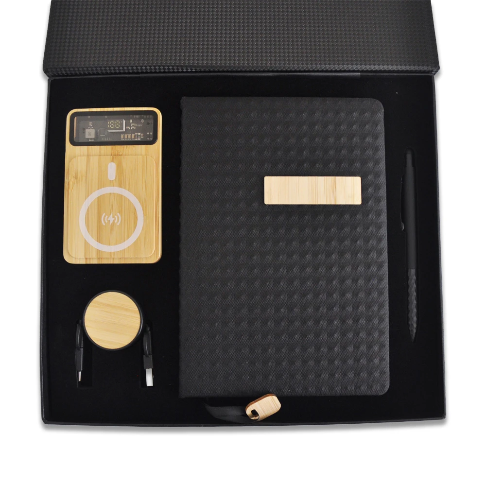 Bambu Powerbank, Çok Uçlu Şarj Kablosu, Kumaş-Bambu Detaylı Defter & Touchpen Diamond Kalem Kutulu VIP Hediye Seti Promozone
