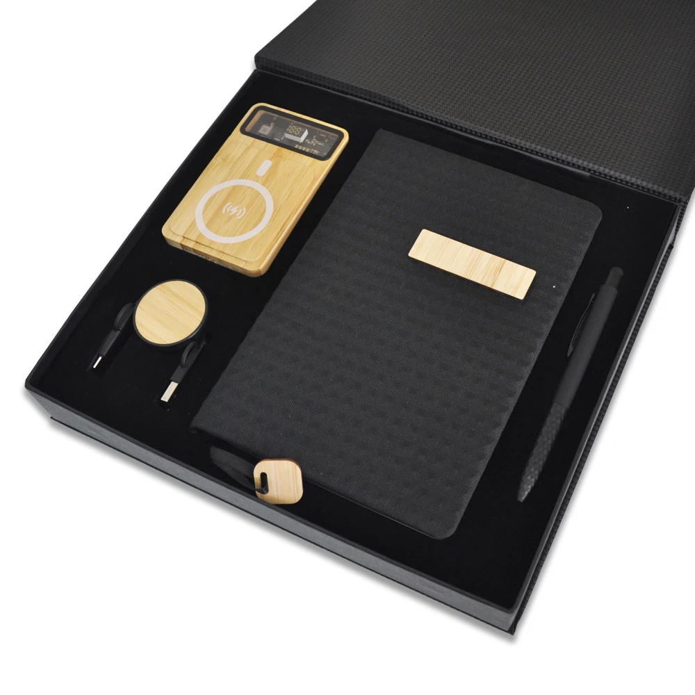 Bambu Powerbank, Çok Uçlu Şarj Kablosu, Kumaş-Bambu Detaylı Defter & Touchpen Diamond Kalem Kutulu VIP Hediye Seti Promozone