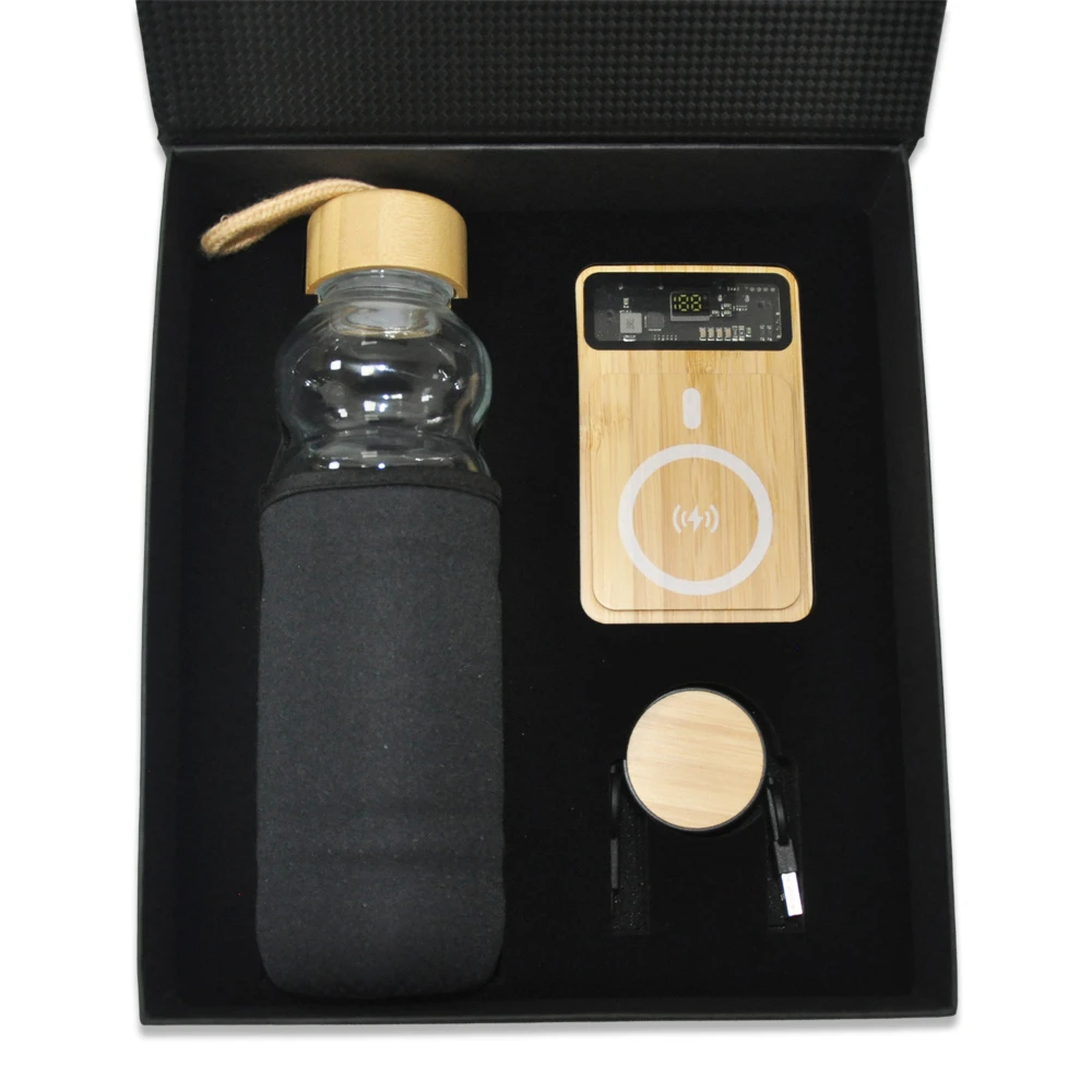 MagSafe Işıklı Bambu Powerbank, Çok Uçlu Şarj Kablosu & Bambu Kapaklı Kılıflı 500 ml Su Şişesi Kutulu VIP Hediye Seti Promozone
