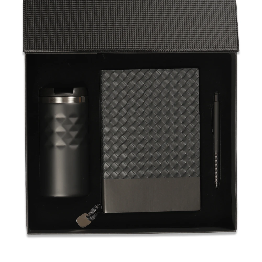Baklava Desenli Termo Deri Defter, Touchpen Diamond Kalem & 300 ml Termos Kutulu VIP Hediye Seti Promozone
