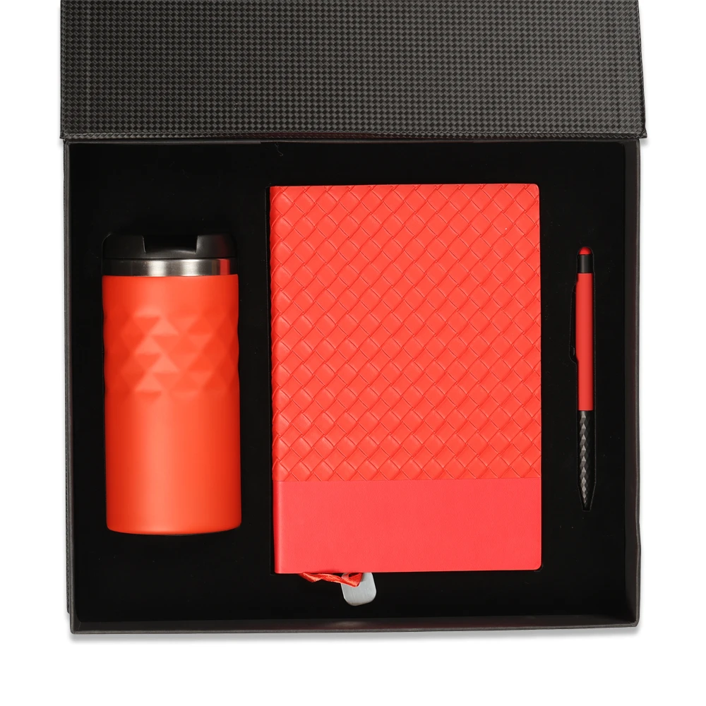 Baklava Desenli Termo Deri Defter, Touchpen Diamond Kalem & 300 ml Termos Kutulu VIP Hediye Seti Promozone