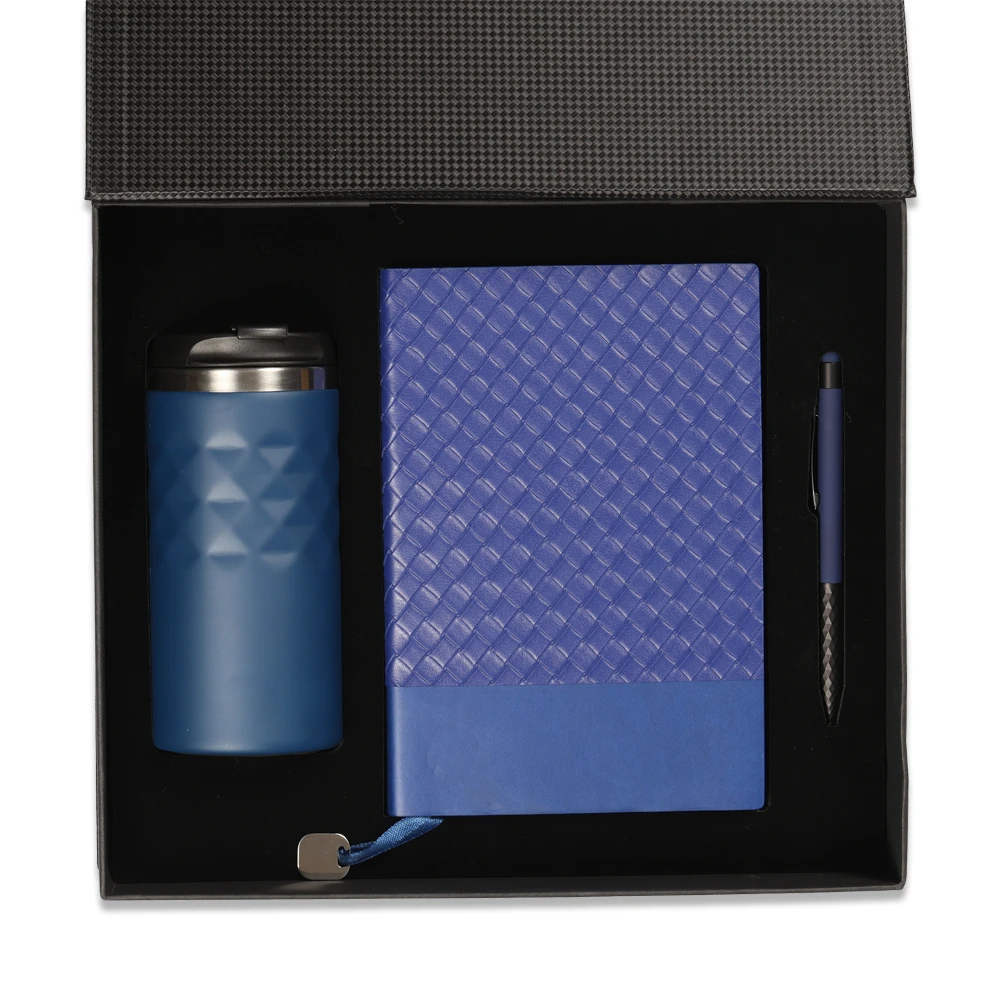 Baklava Desenli Termo Deri Defter, Touchpen Diamond Kalem & 300 ml Termos Kutulu VIP Hediye Seti Promozone