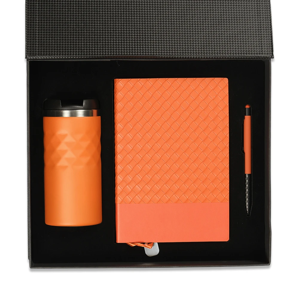 Baklava Desenli Termo Deri Defter, Touchpen Diamond Kalem & 300 ml Termos Kutulu VIP Hediye Seti Promozone